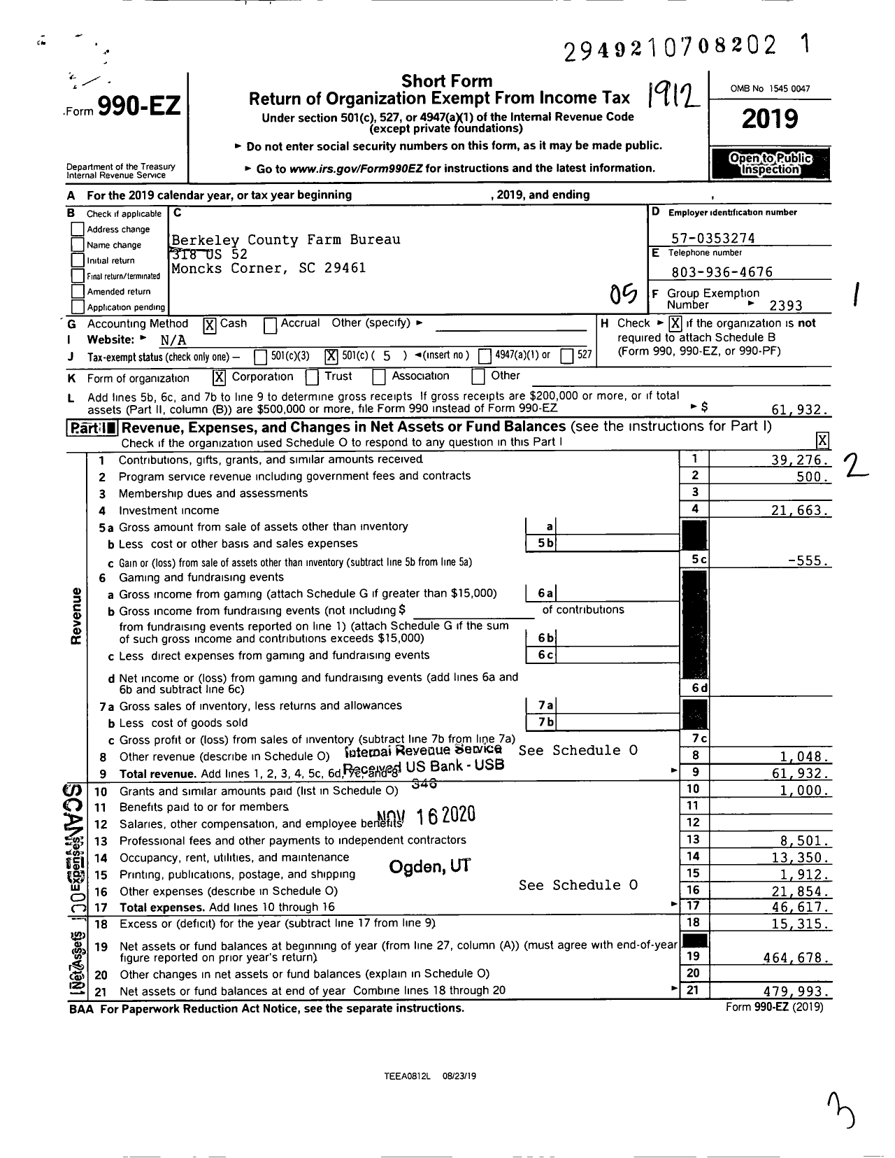 Image of first page of 2019 Form 990EO for Berkeley County Farm Bureau