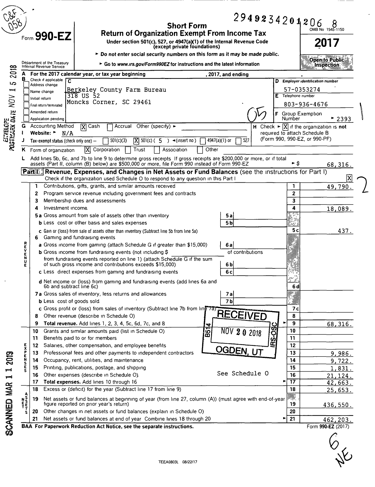 Image of first page of 2017 Form 990EO for Berkeley County Farm Bureau