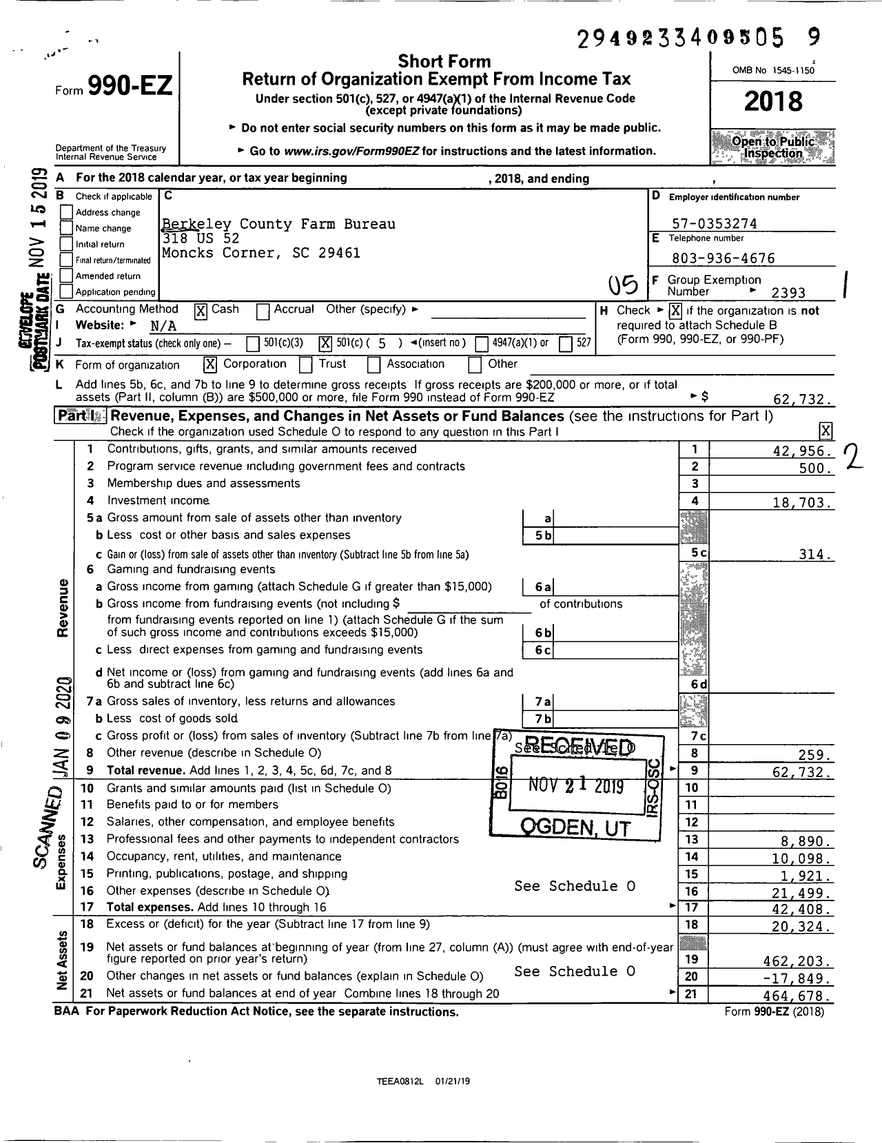 Image of first page of 2018 Form 990EO for Berkeley County Farm Bureau