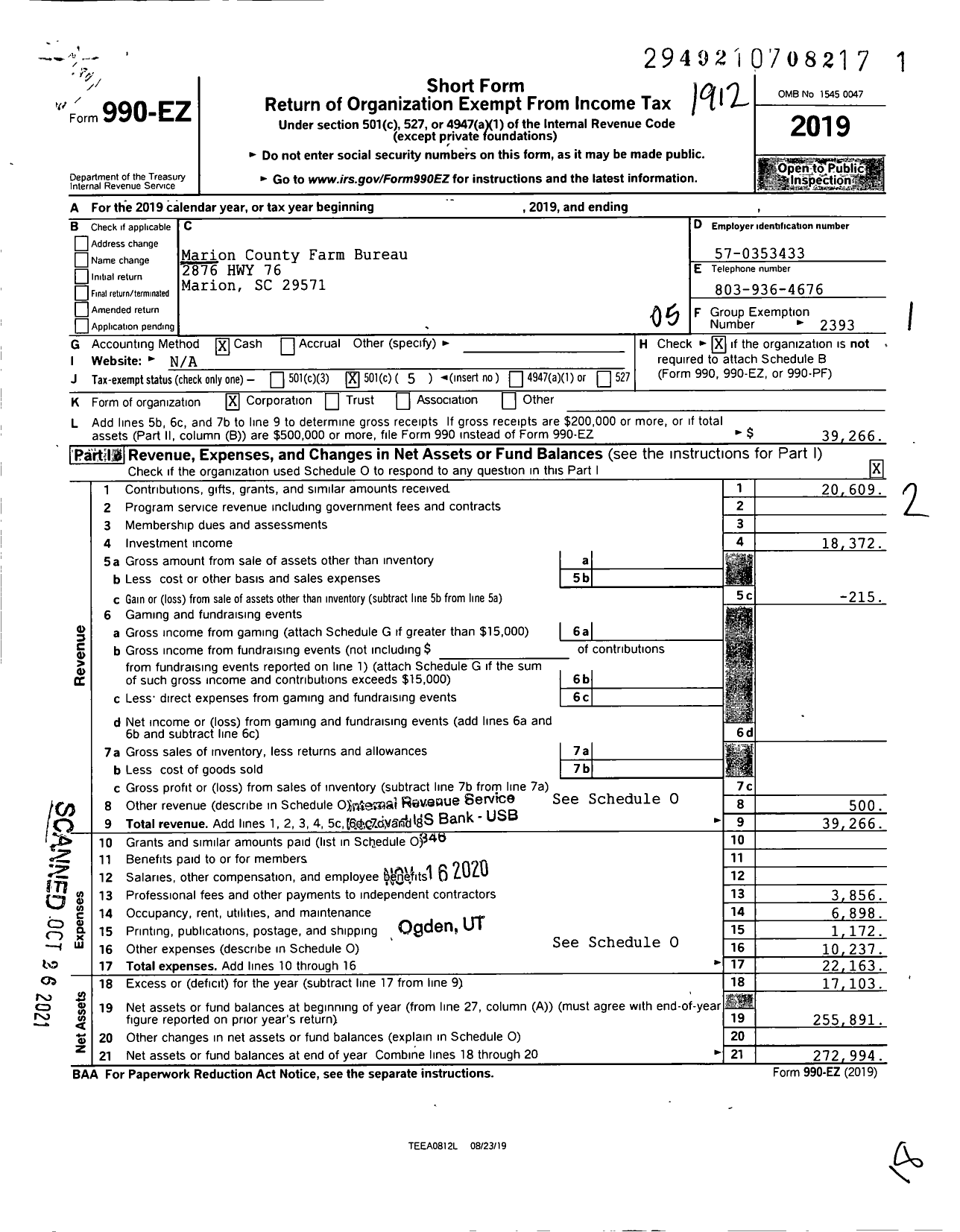 Image of first page of 2019 Form 990EO for Marion County Farm Bureau