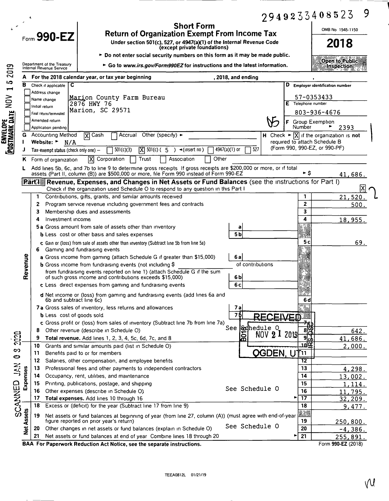 Image of first page of 2018 Form 990EO for Marion County Farm Bureau