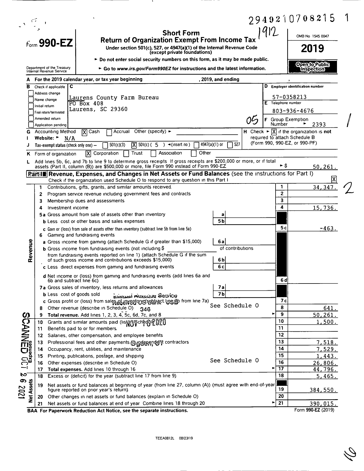 Image of first page of 2019 Form 990EO for Laurens County Farm Bureau