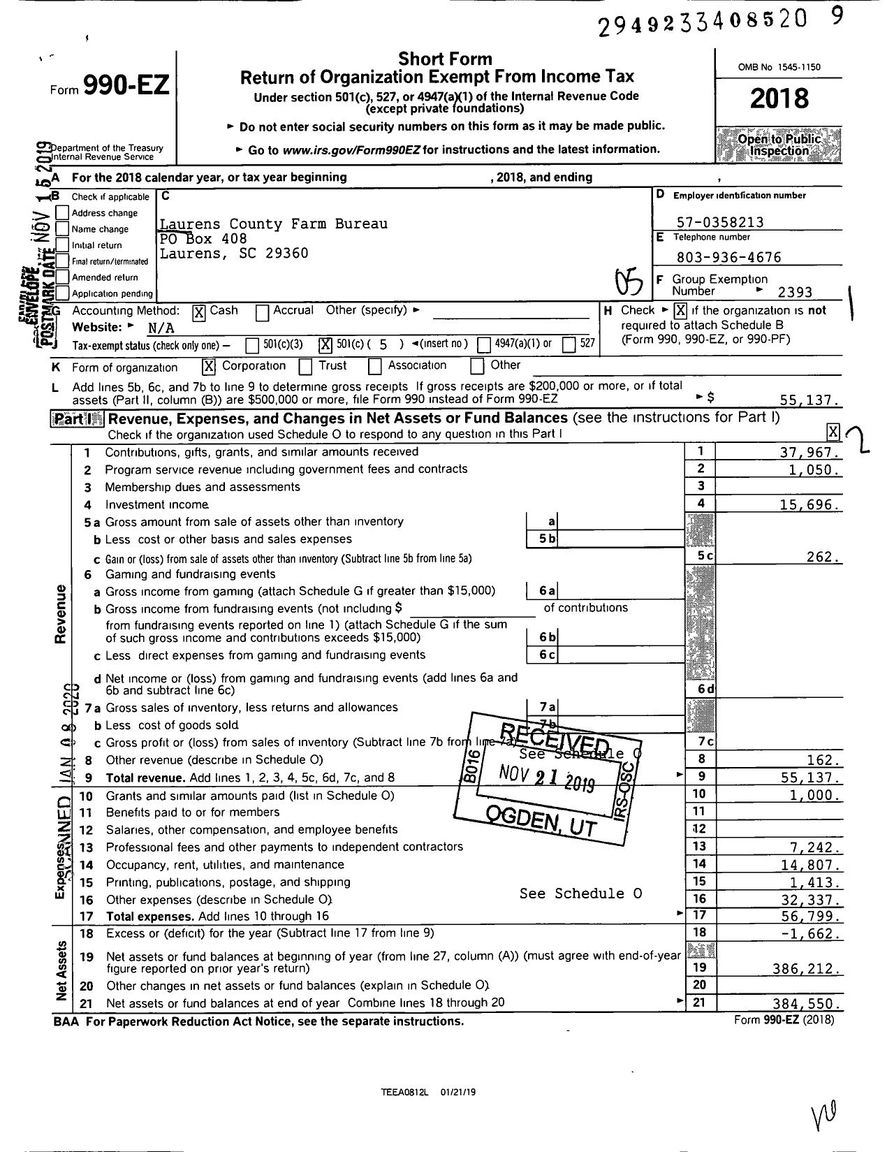 Image of first page of 2018 Form 990EO for Laurens County Farm Bureau