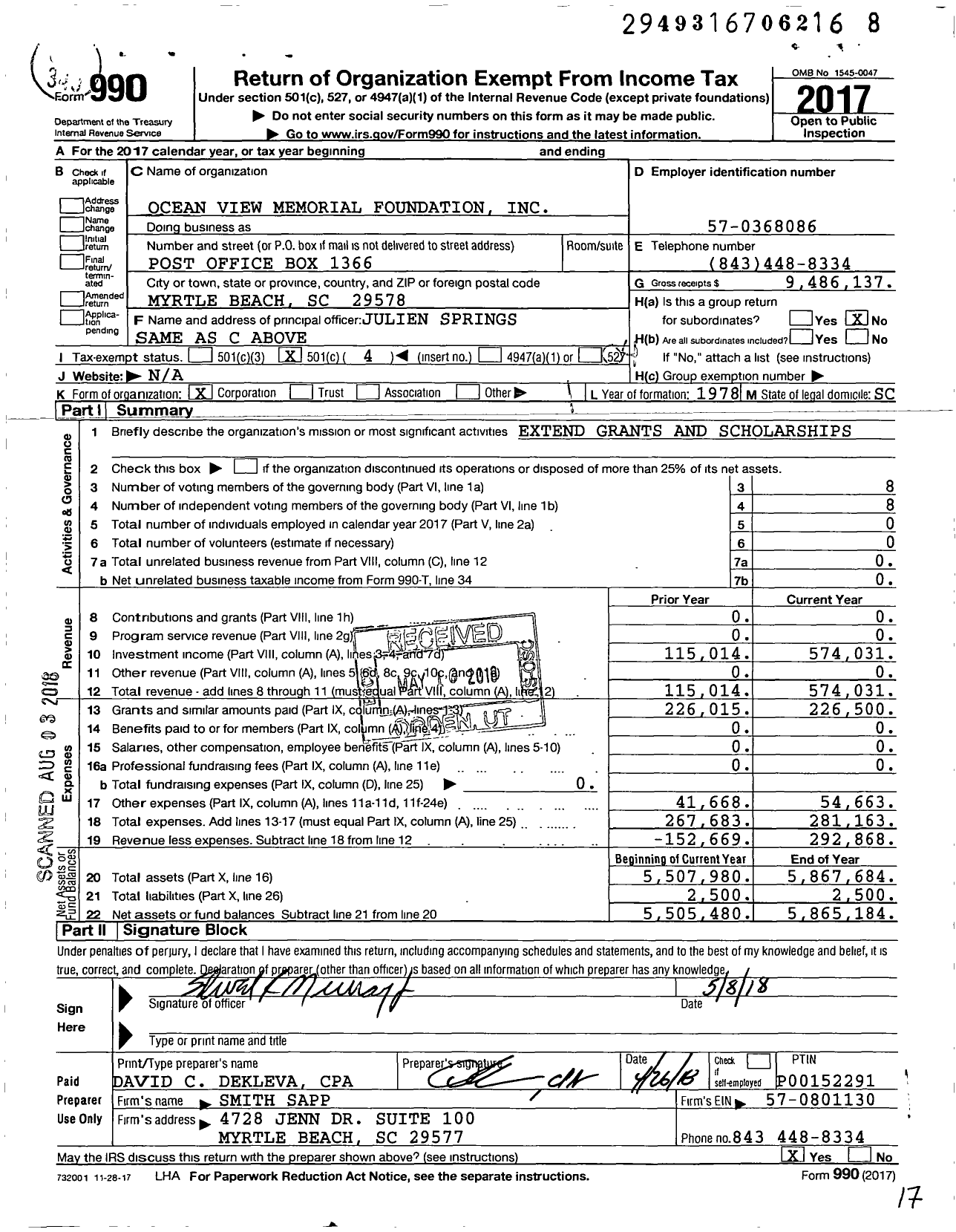 Image of first page of 2017 Form 990O for Ocean View Memorial Foundation