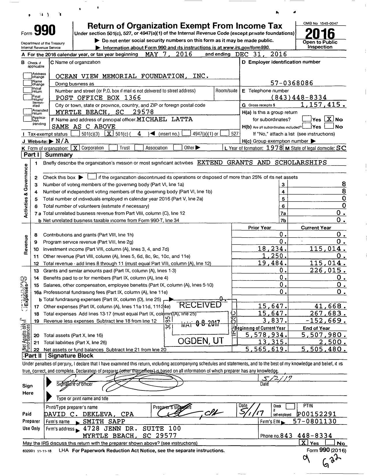 Image of first page of 2016 Form 990O for Ocean View Memorial Foundation