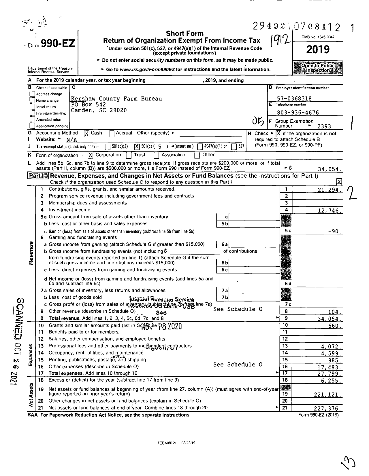 Image of first page of 2019 Form 990EO for Kershaw County Farm Bureau