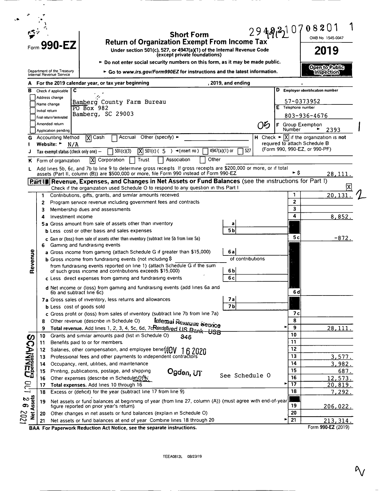 Image of first page of 2019 Form 990EO for Bamberg County Farm Bureau