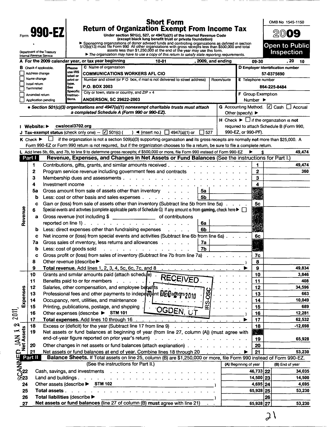 Image of first page of 2009 Form 990EO for Communications Workers of America - 3702 Cwa