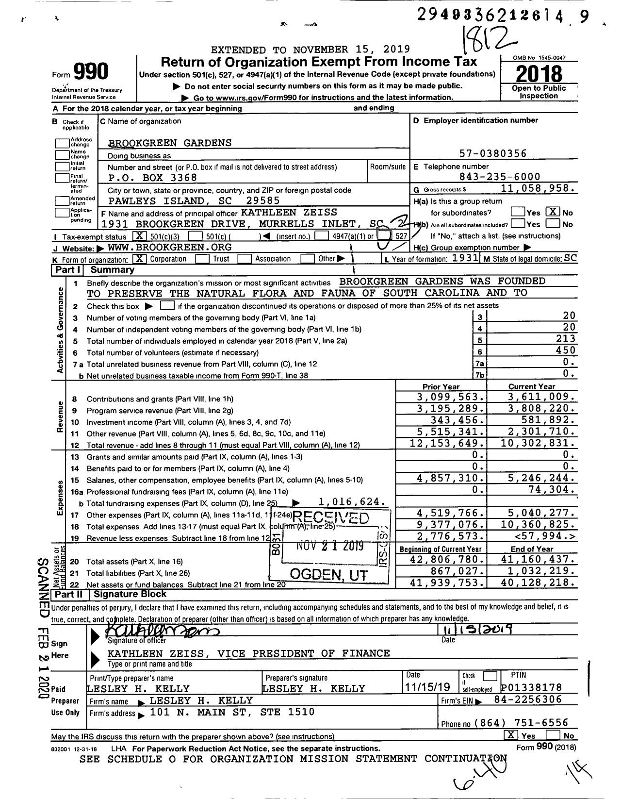 Image of first page of 2018 Form 990 for Brookgreen Gardens