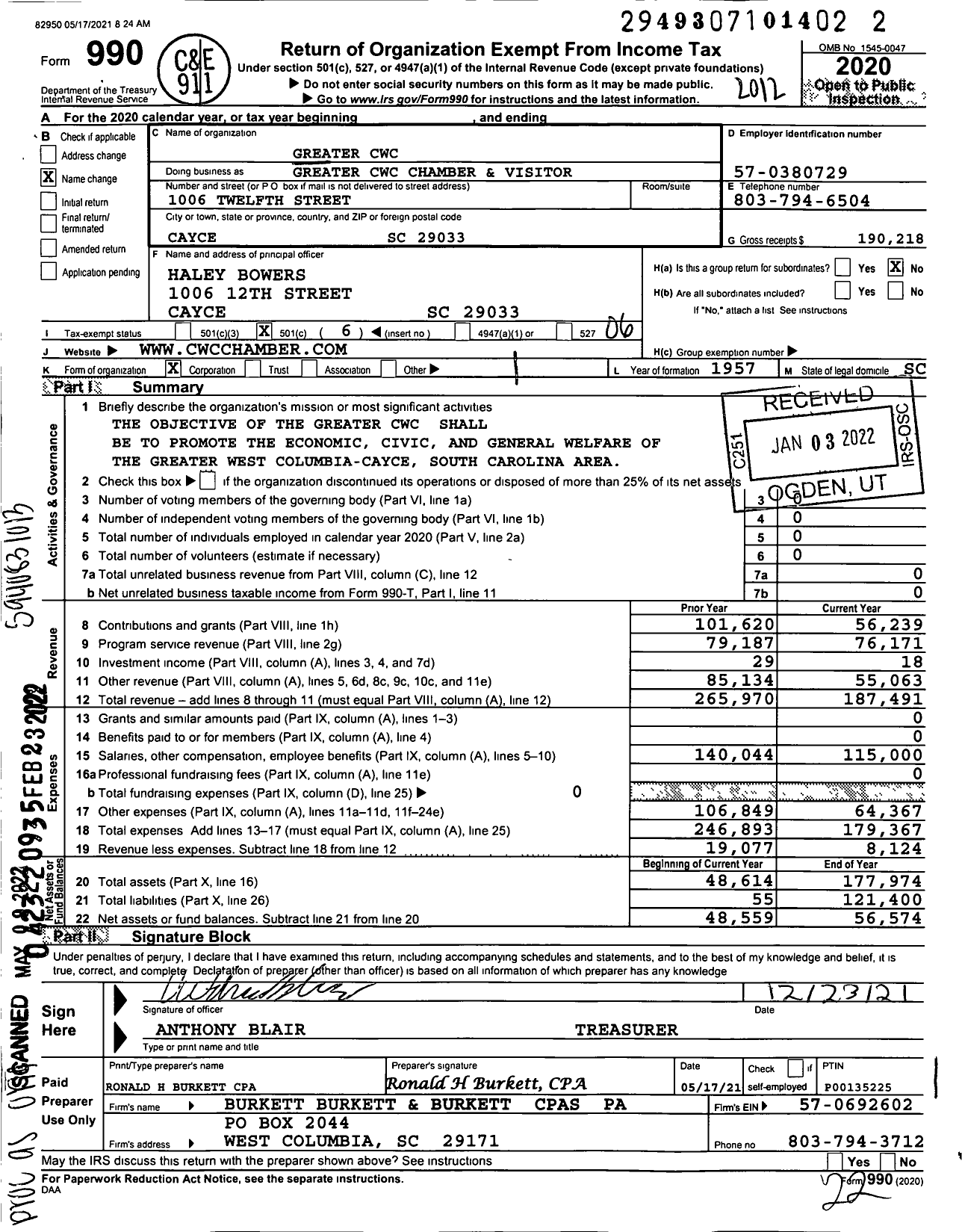 Image of first page of 2020 Form 990O for Greater CWC Chamber and Visitor