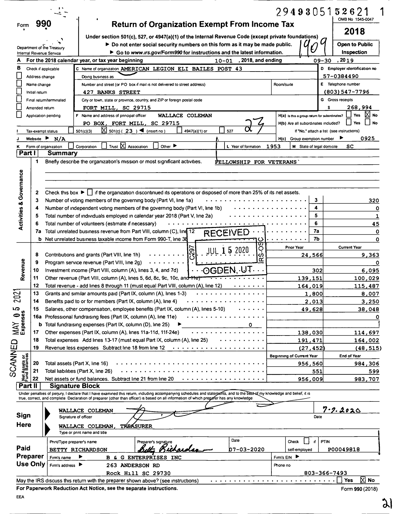 Image of first page of 2018 Form 990O for American Legion - 43 Eli Bailes