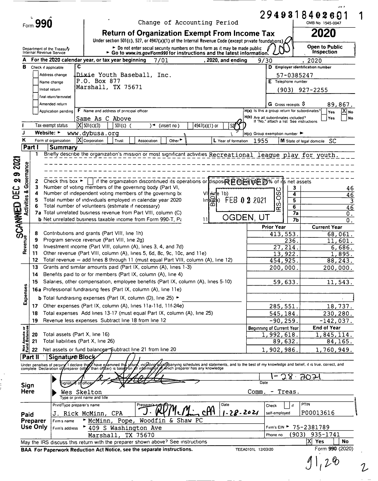 Image of first page of 2019 Form 990 for Dixie Youth Baseball (DYB)