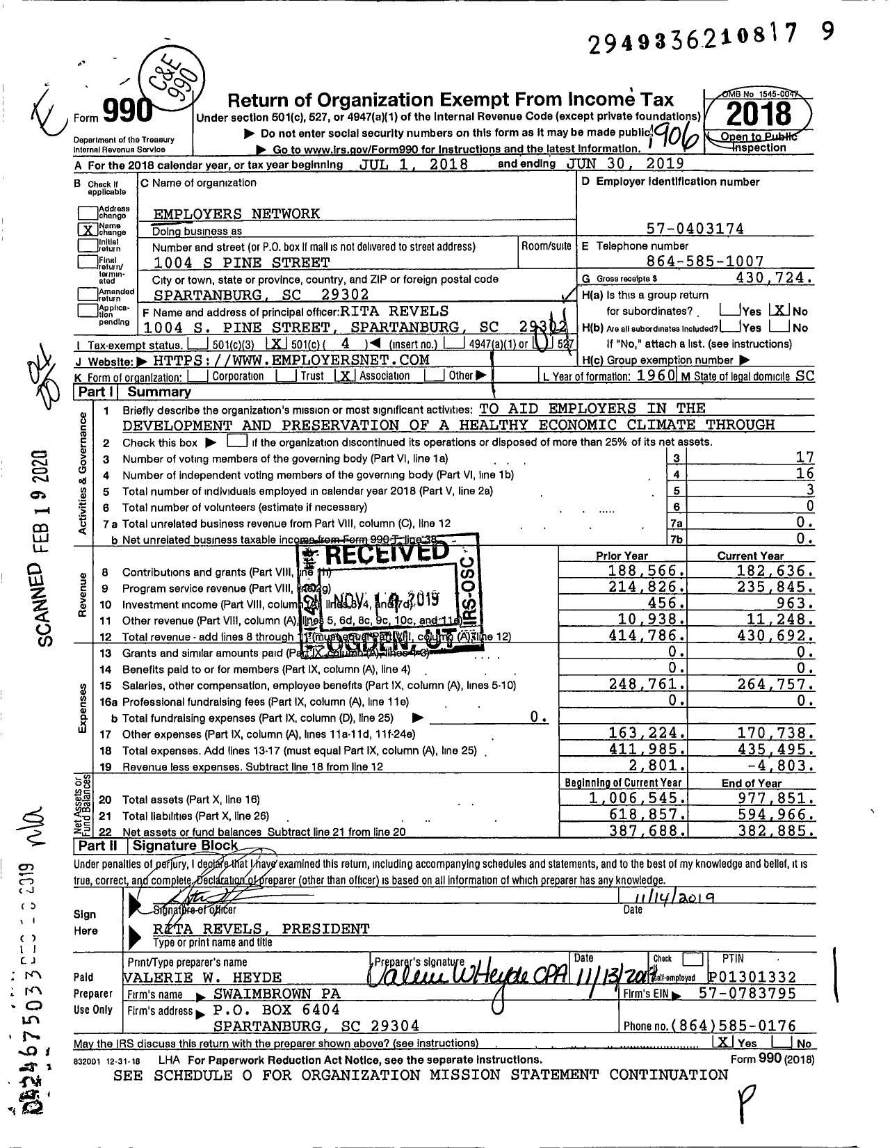 Image of first page of 2018 Form 990O for Employers Network