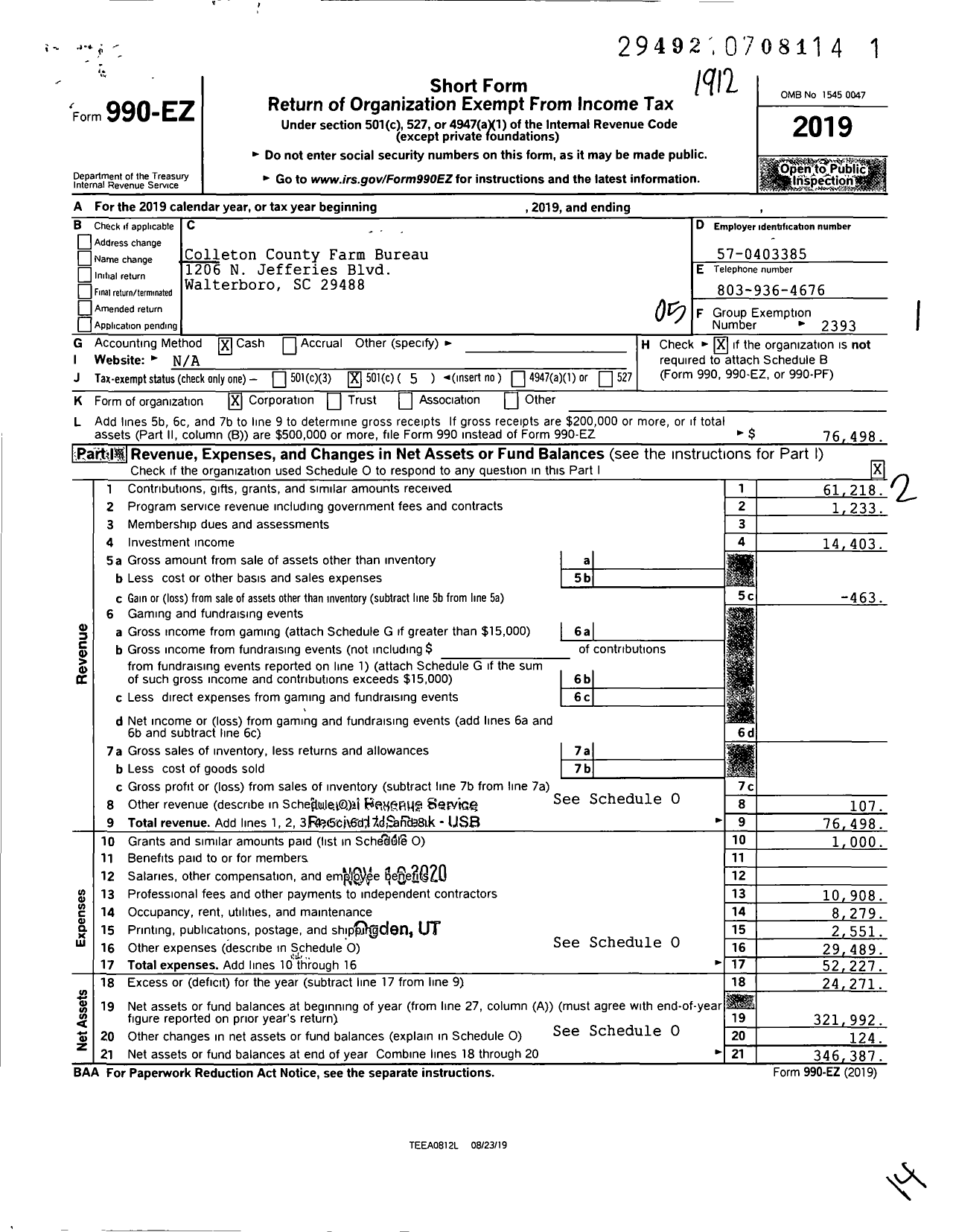 Image of first page of 2019 Form 990EO for Colleton County Farm Bureau