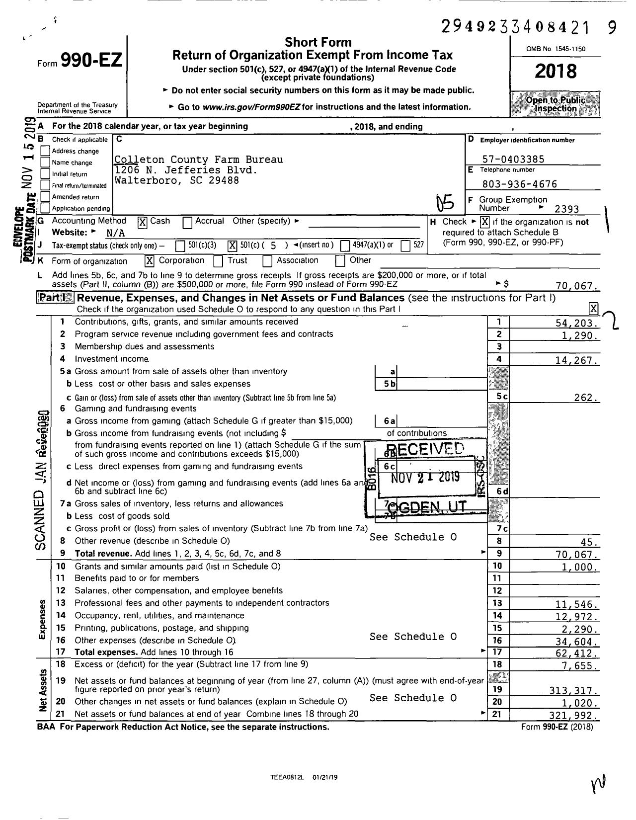 Image of first page of 2018 Form 990EO for Colleton County Farm Bureau