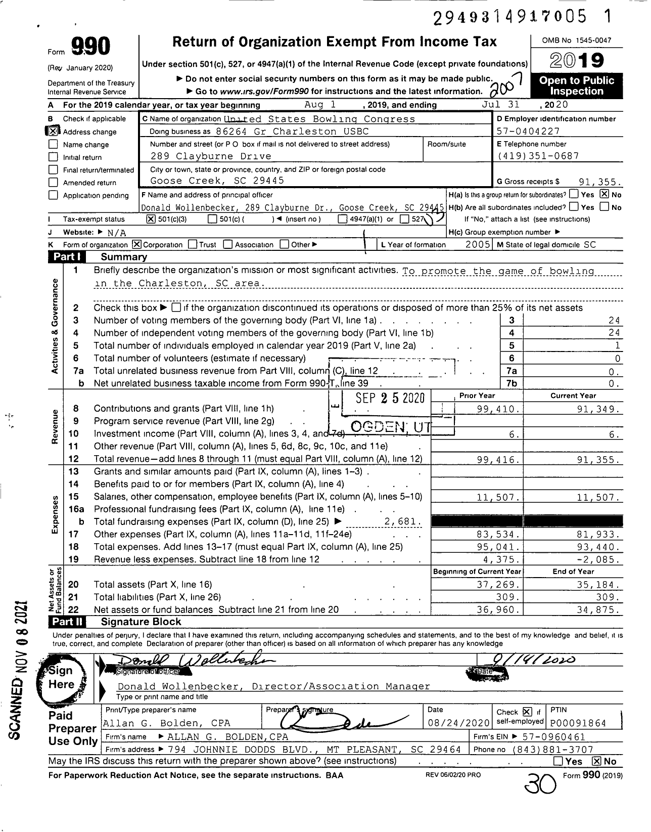Image of first page of 2019 Form 990 for United States Bowling Congress - 86264 Gr Charleston USBC