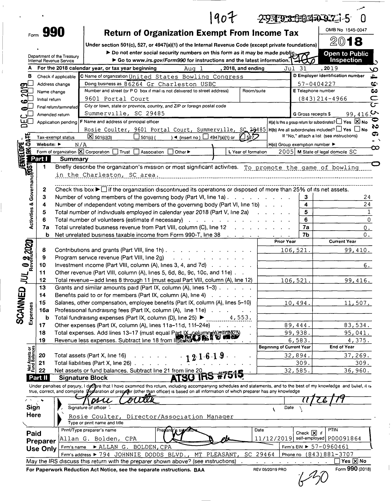 Image of first page of 2018 Form 990 for United States Bowling Congress - 86264 Gr Charleston USBC