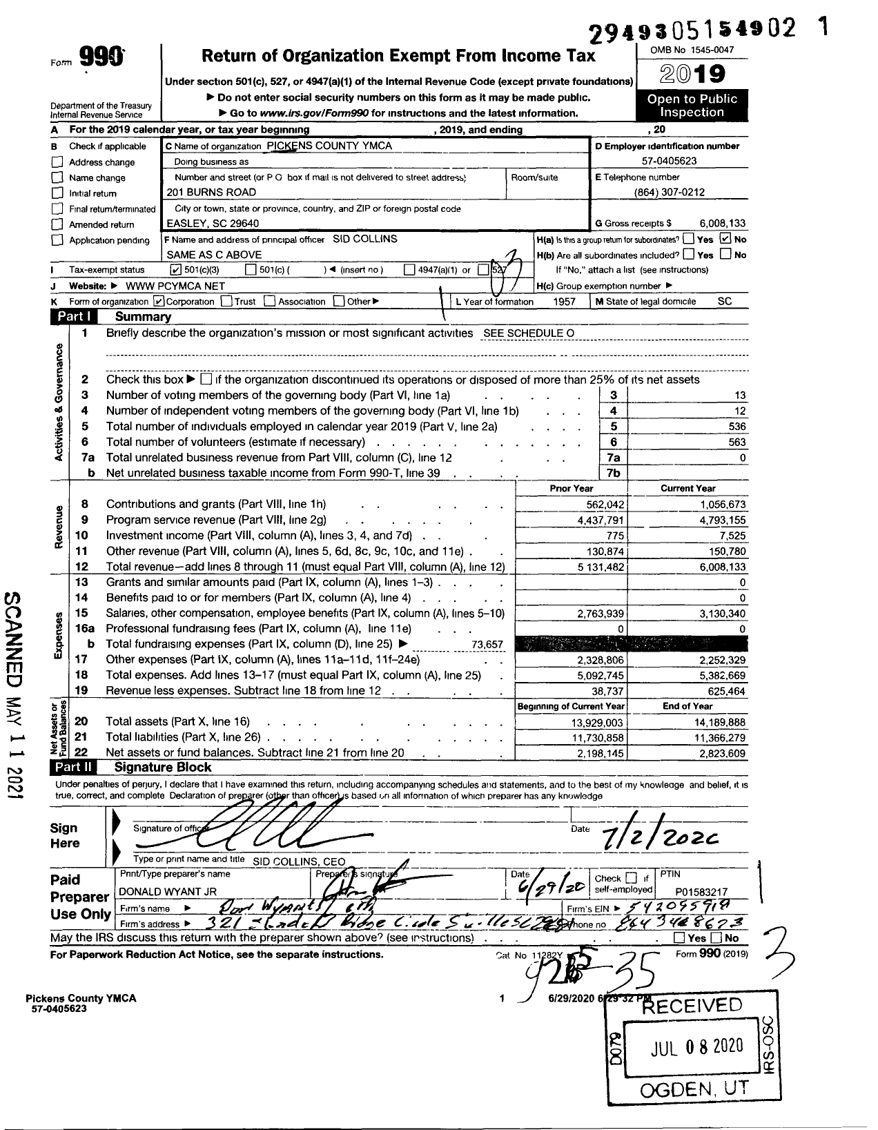 Image of first page of 2019 Form 990 for Pickens County YMCA