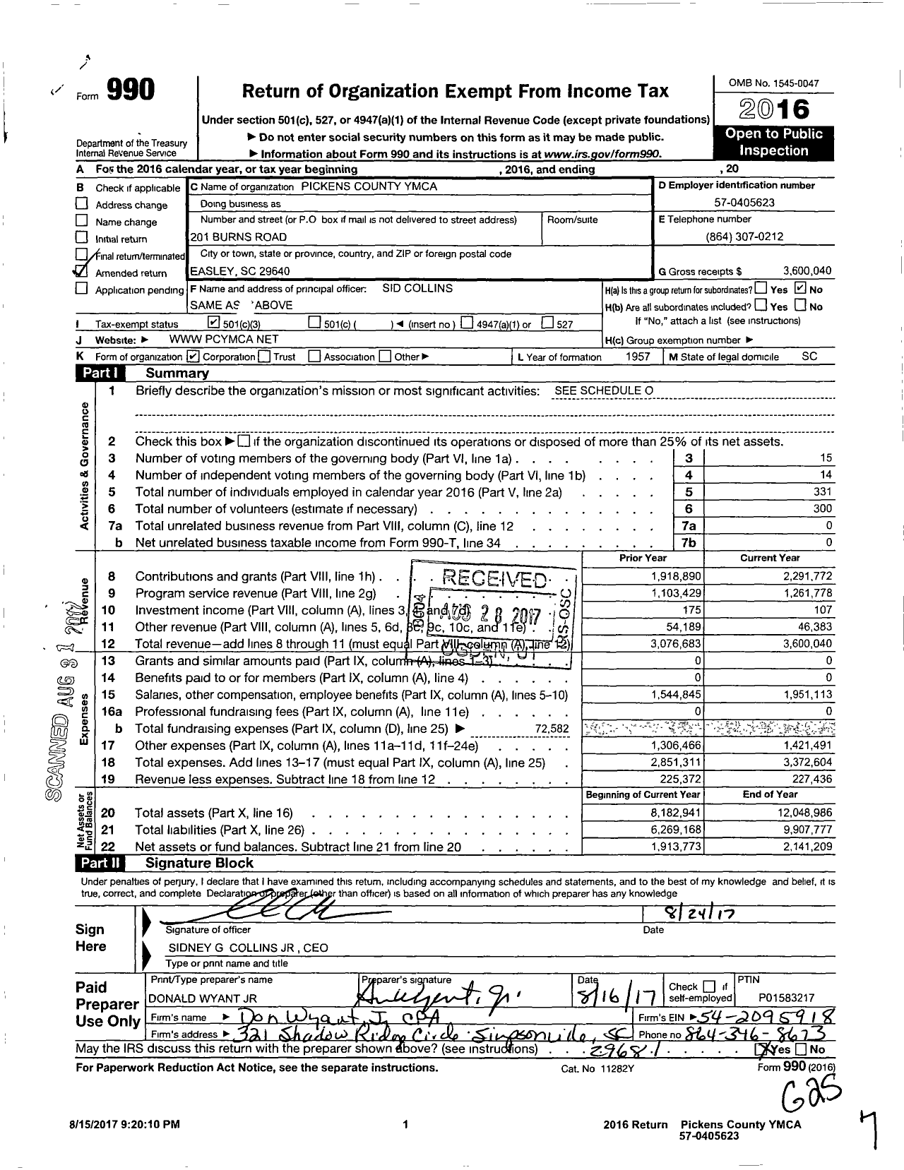 Image of first page of 2016 Form 990 for Pickens County YMCA