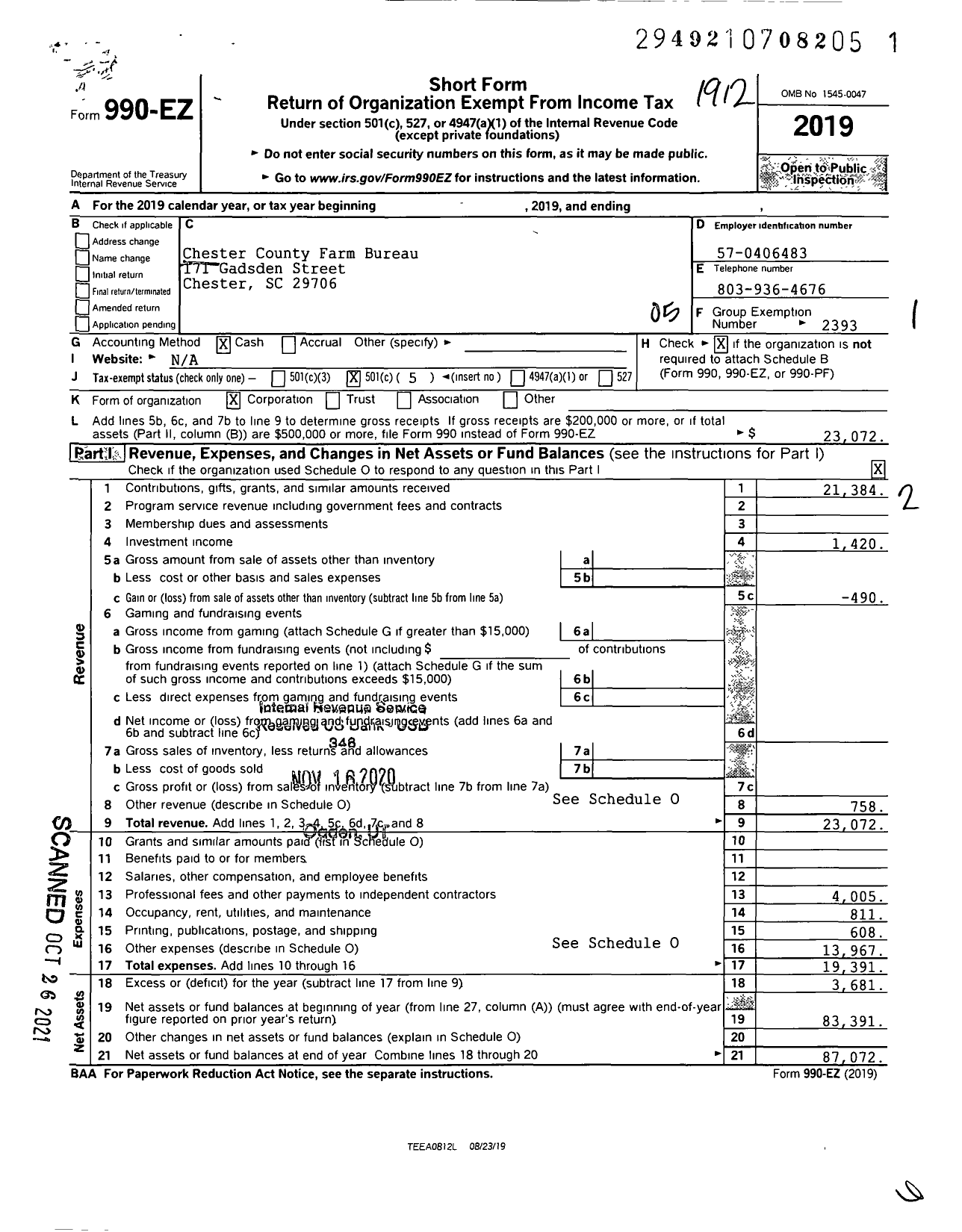 Image of first page of 2019 Form 990EO for Chester County Farm Bureau