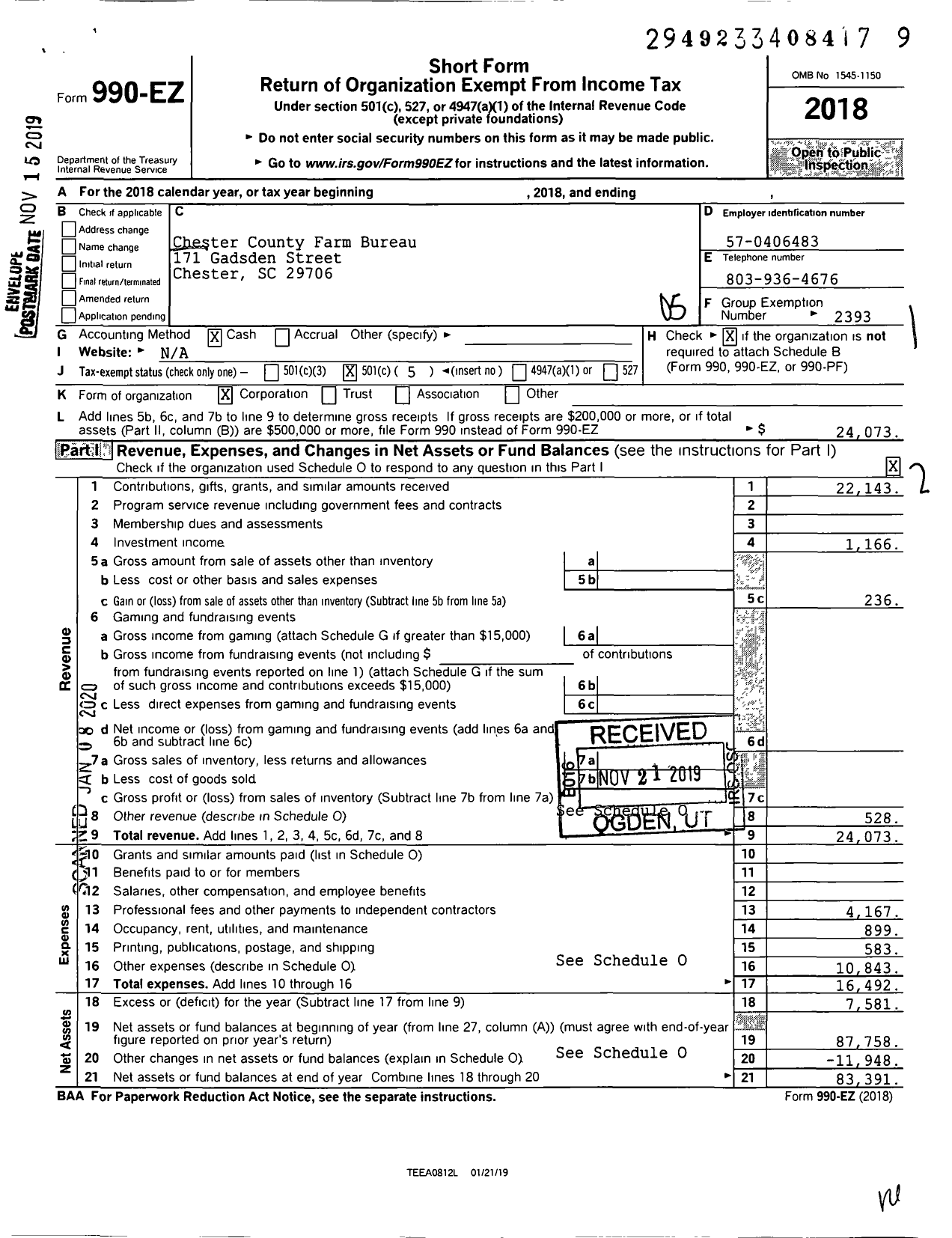 Image of first page of 2018 Form 990EO for Chester County Farm Bureau