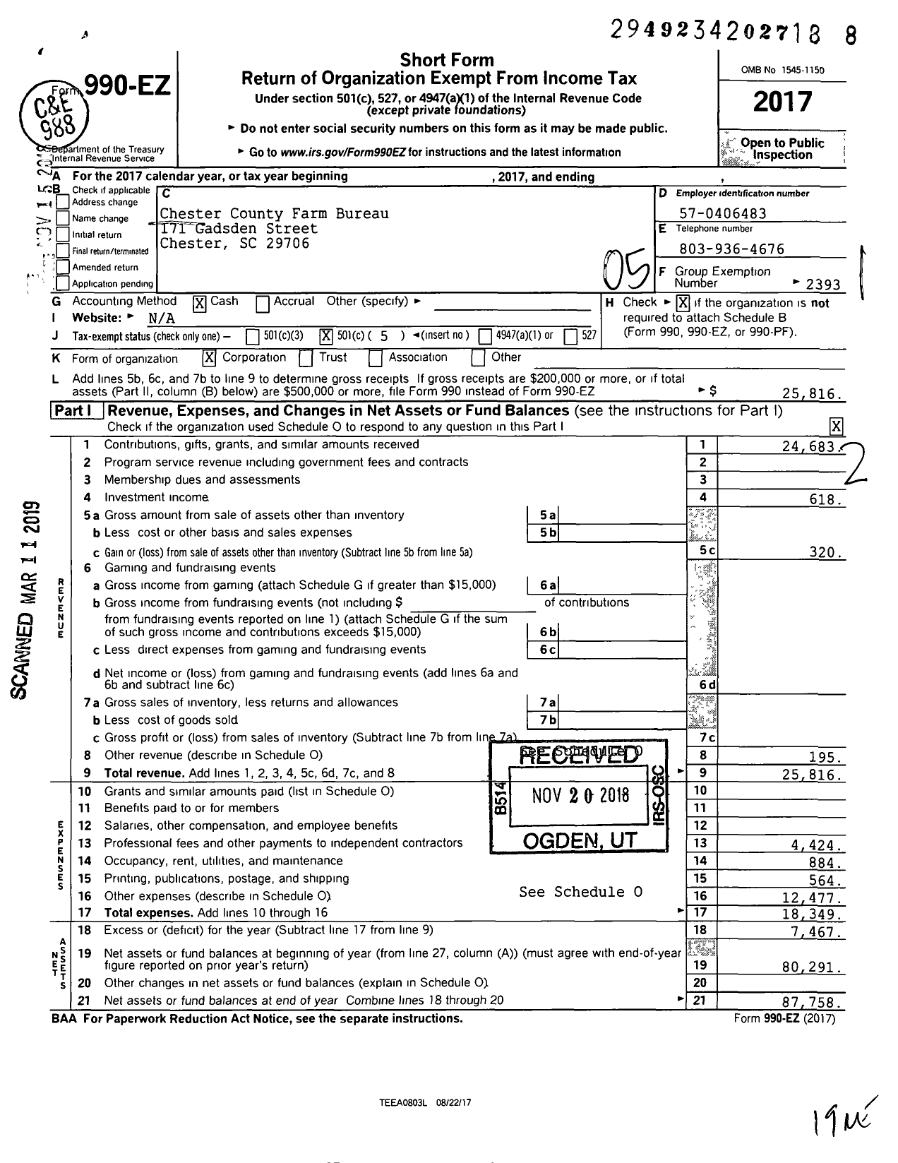 Image of first page of 2017 Form 990EO for Chester County Farm Bureau