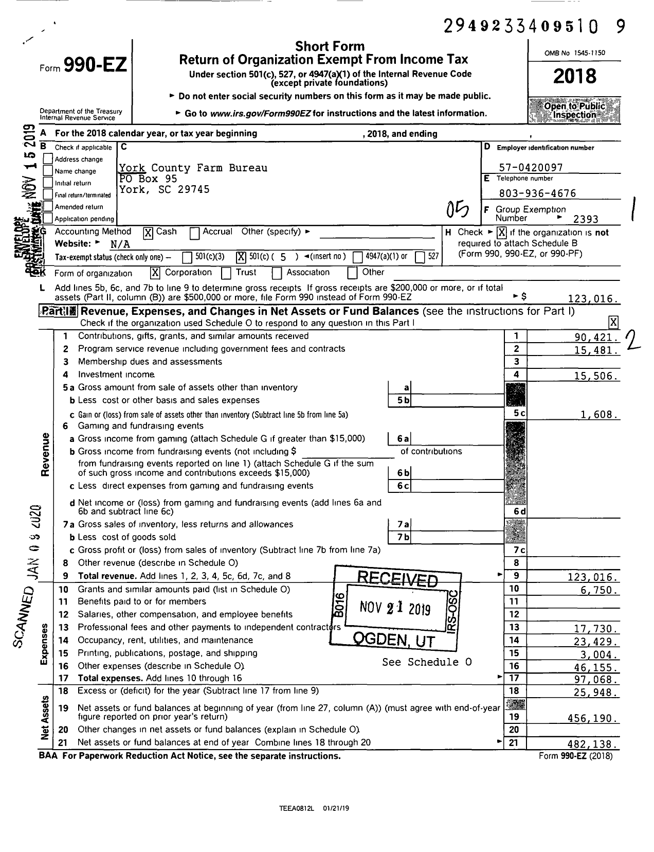 Image of first page of 2018 Form 990EO for York County Farm Bureau