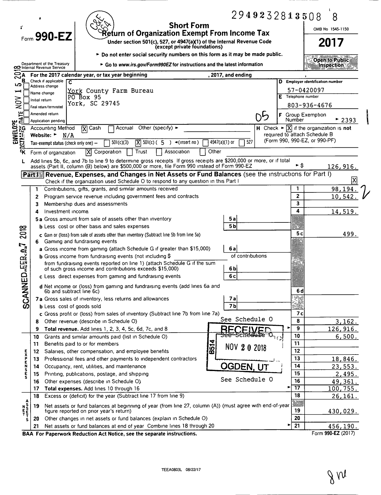 Image of first page of 2017 Form 990EO for York County Farm Bureau