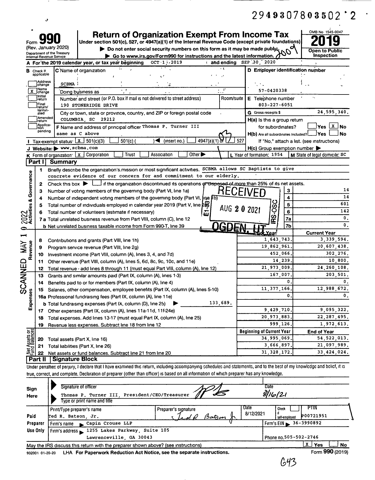 Image of first page of 2019 Form 990 for South Carolina Baptist Ministries for the Aging (SCBMA)