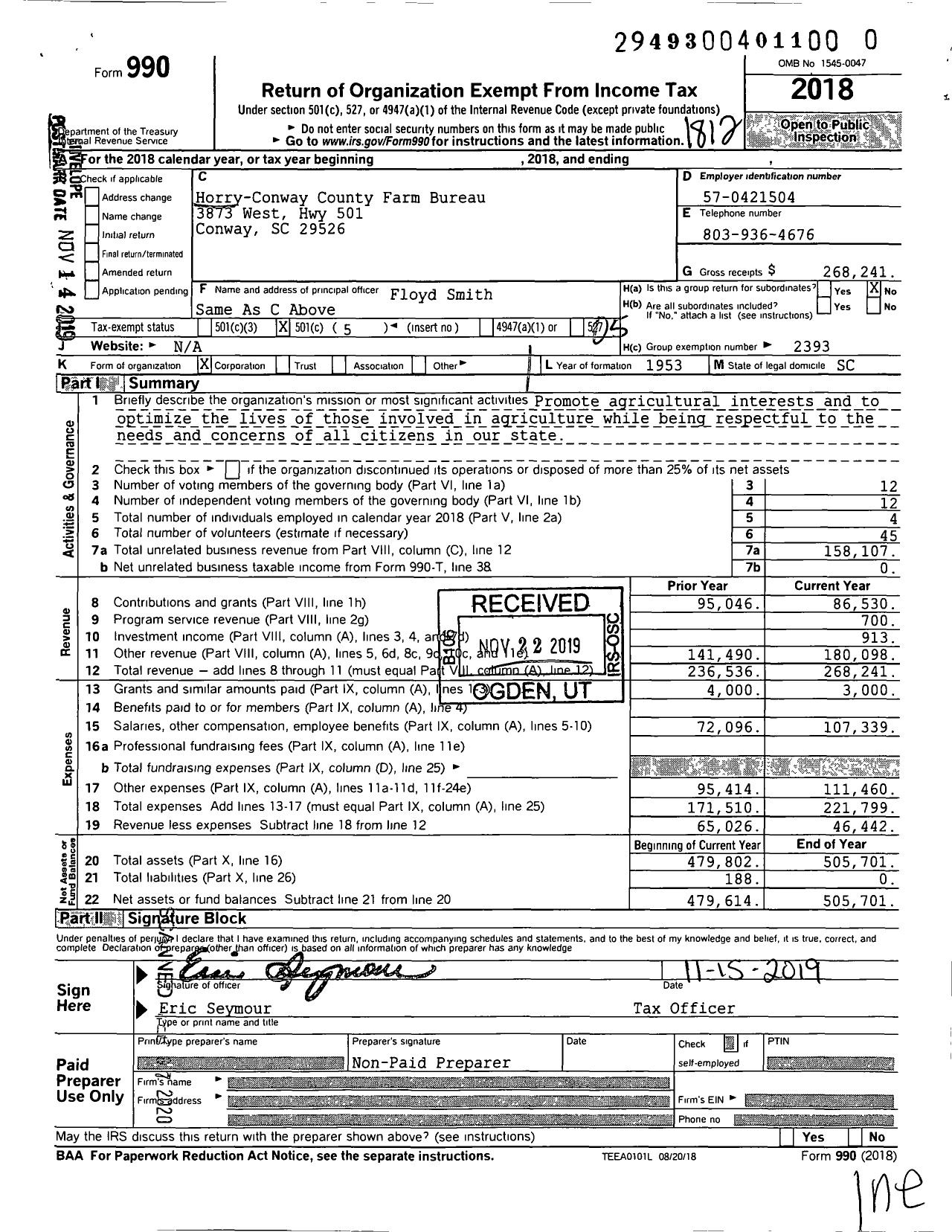 Image of first page of 2018 Form 990O for Horry-Conway County Farm Bureau