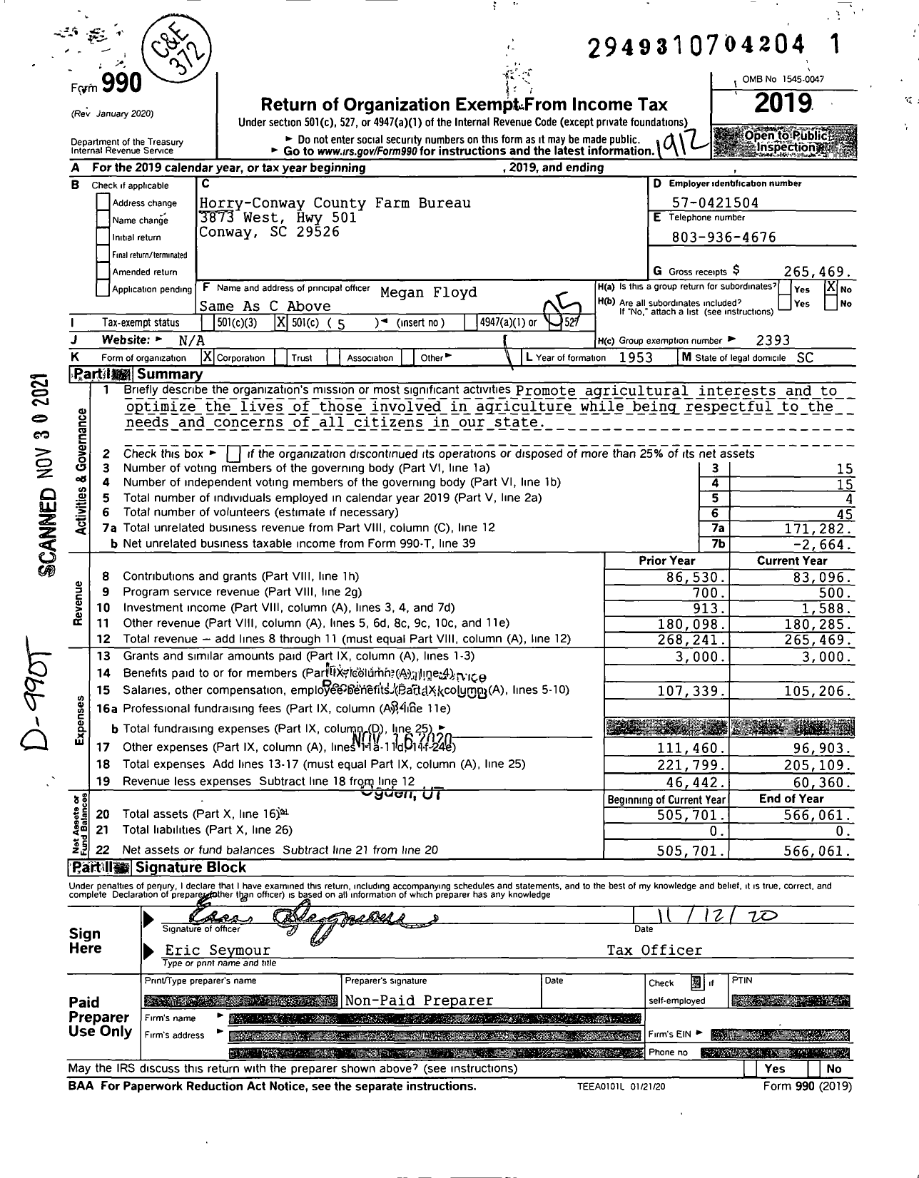 Image of first page of 2019 Form 990O for Horry-Conway County Farm Bureau