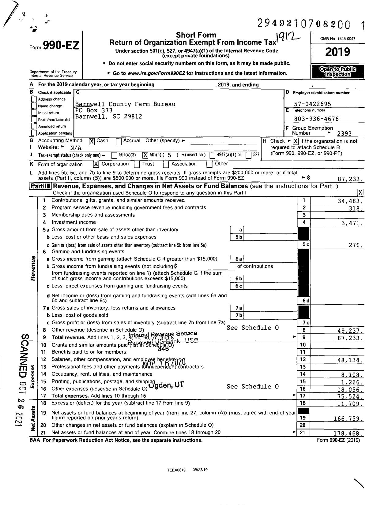 Image of first page of 2019 Form 990EO for Barnwell County Farm Bureau