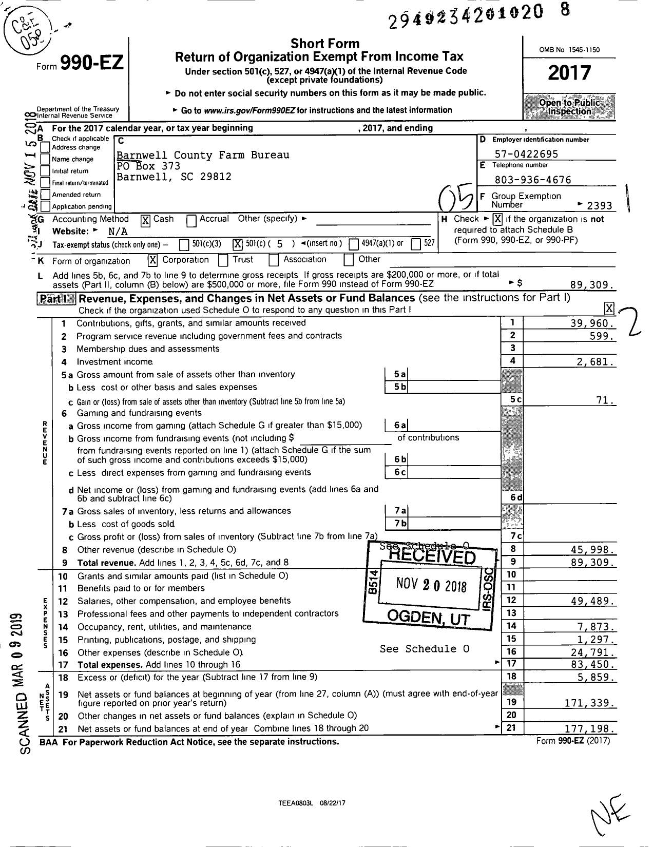 Image of first page of 2017 Form 990EO for Barnwell County Farm Bureau