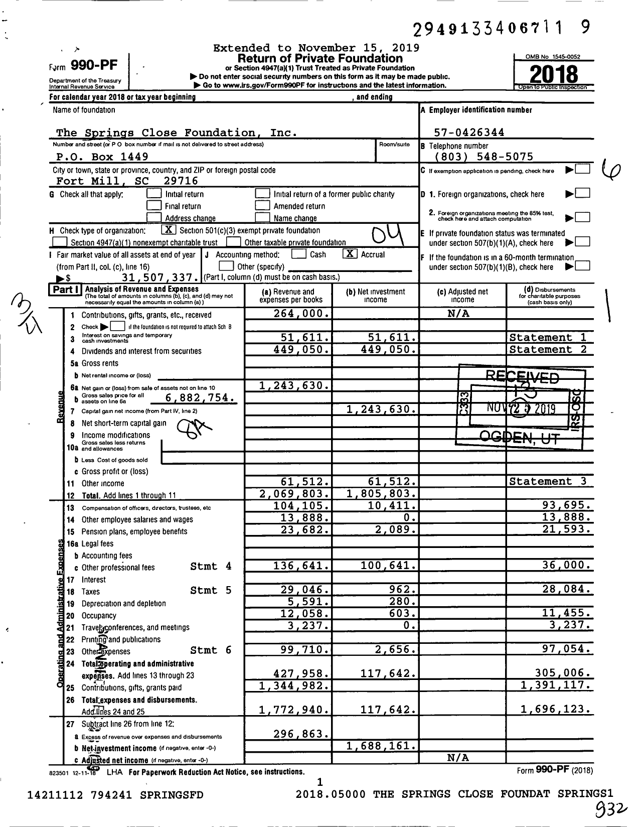 Image of first page of 2018 Form 990PF for The Springs Close Foundation