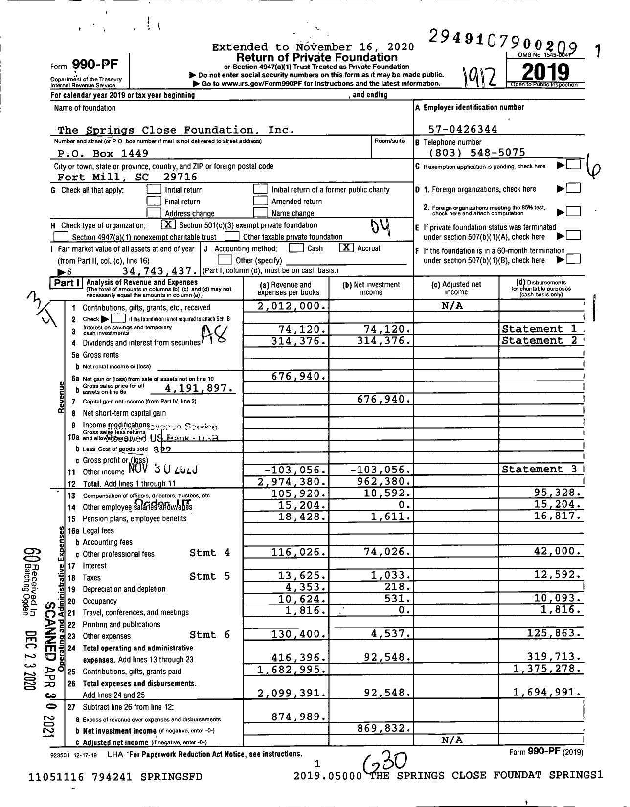 Image of first page of 2019 Form 990PF for The Springs Close Foundation