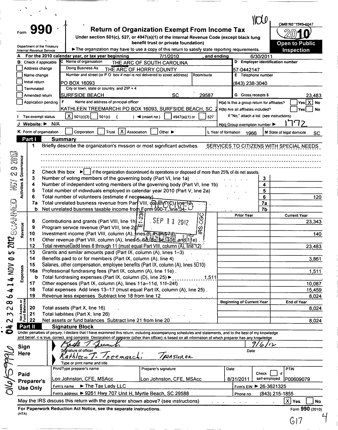 Image of first page of 2010 Form 990 for The Arc of South Carolina / The Arc of Horry County