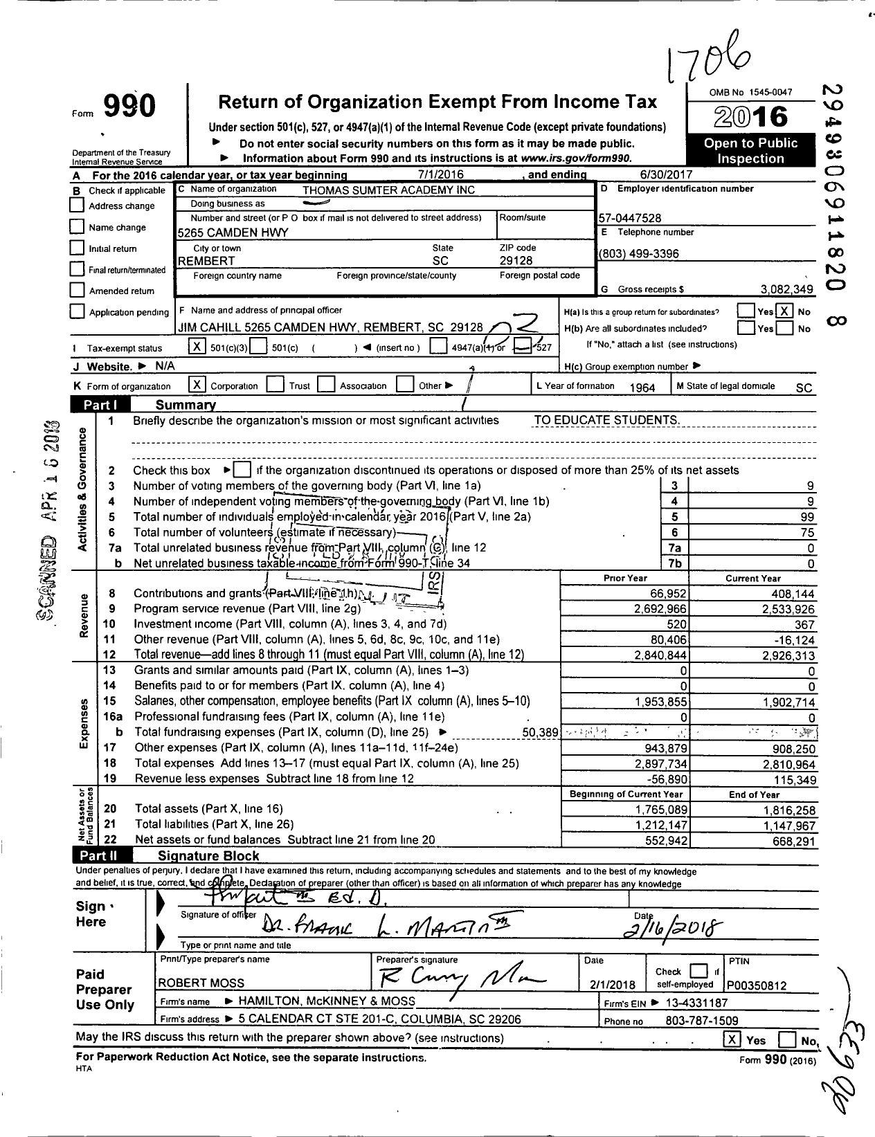 Image of first page of 2016 Form 990 for Thomas Sumter Academy