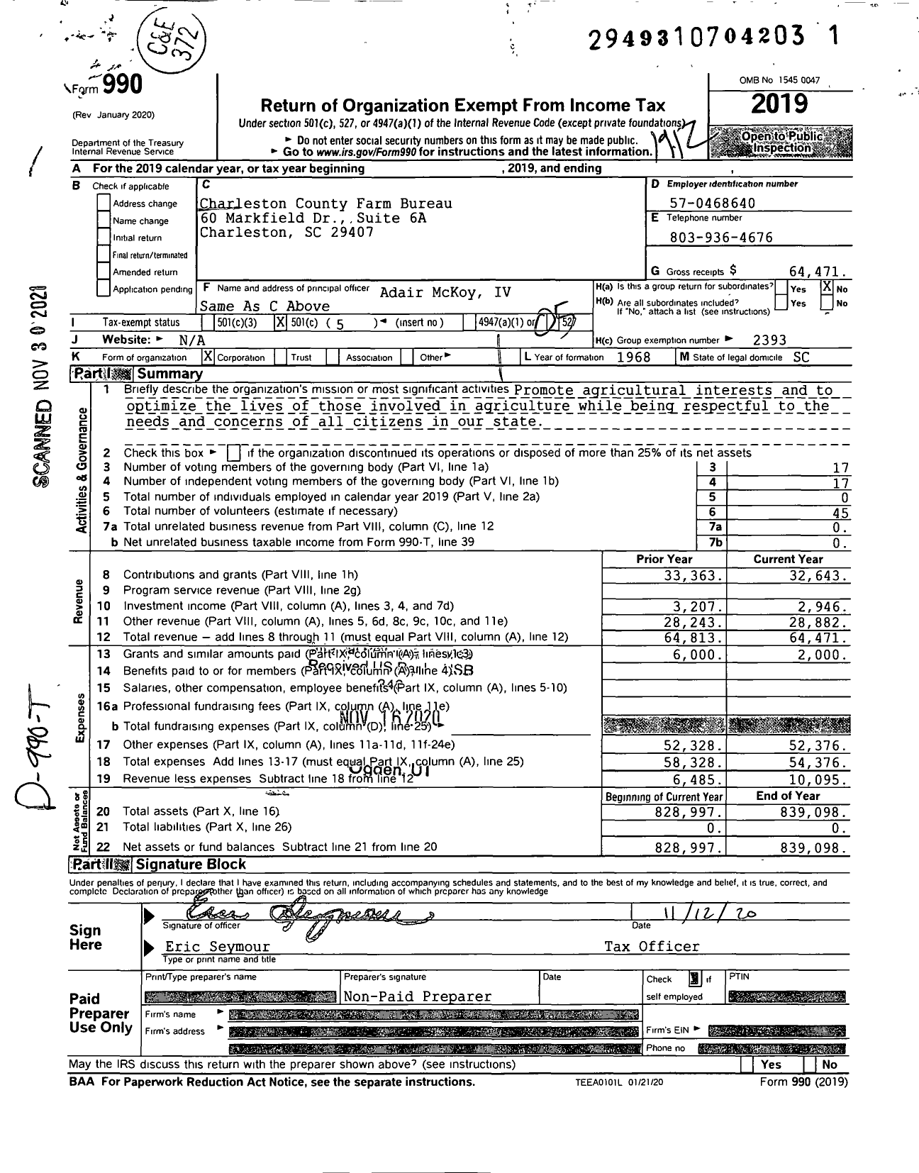 Image of first page of 2019 Form 990O for Charleston County Farm Bureau