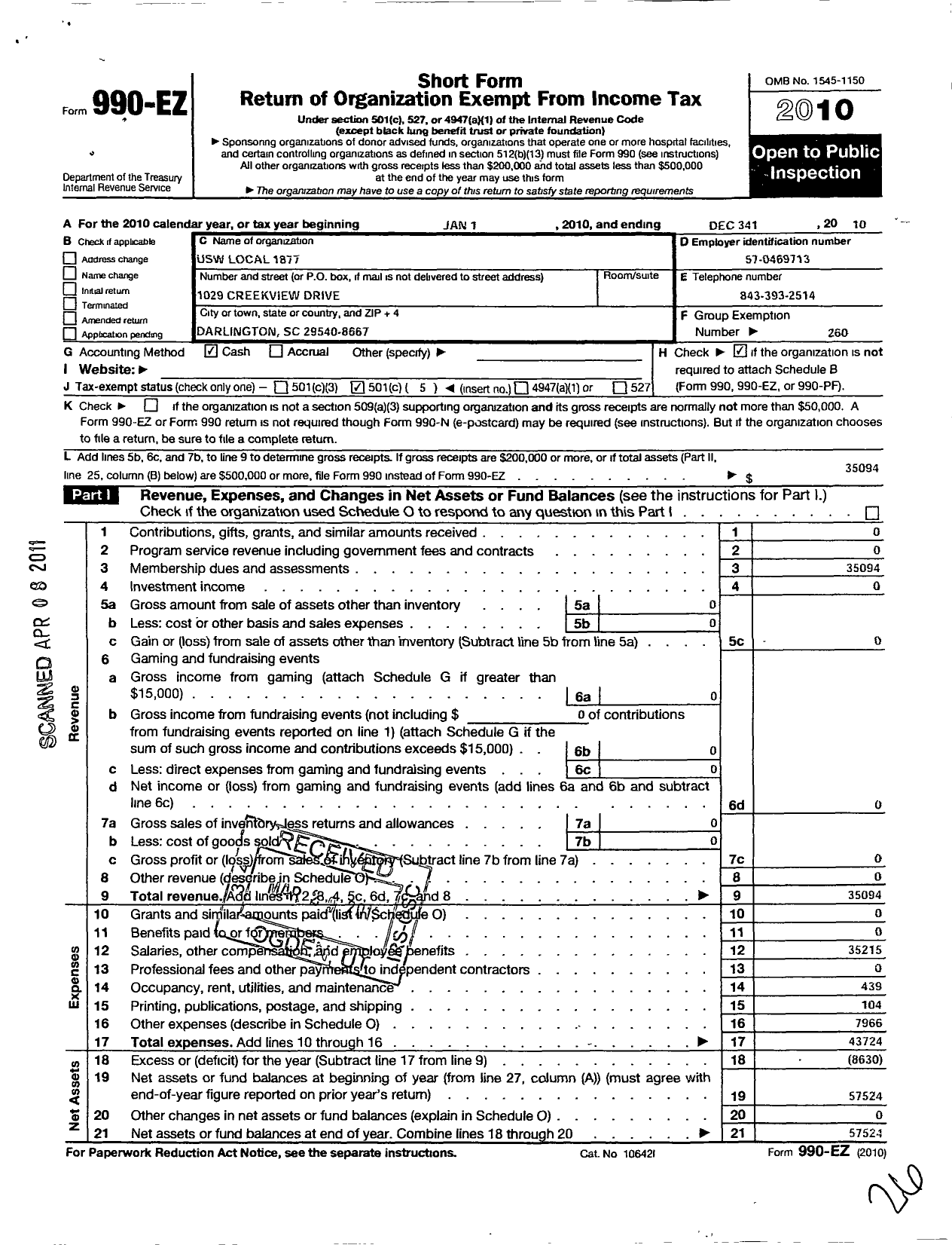 Image of first page of 2010 Form 990EO for United Steelworkers - 01877 Local