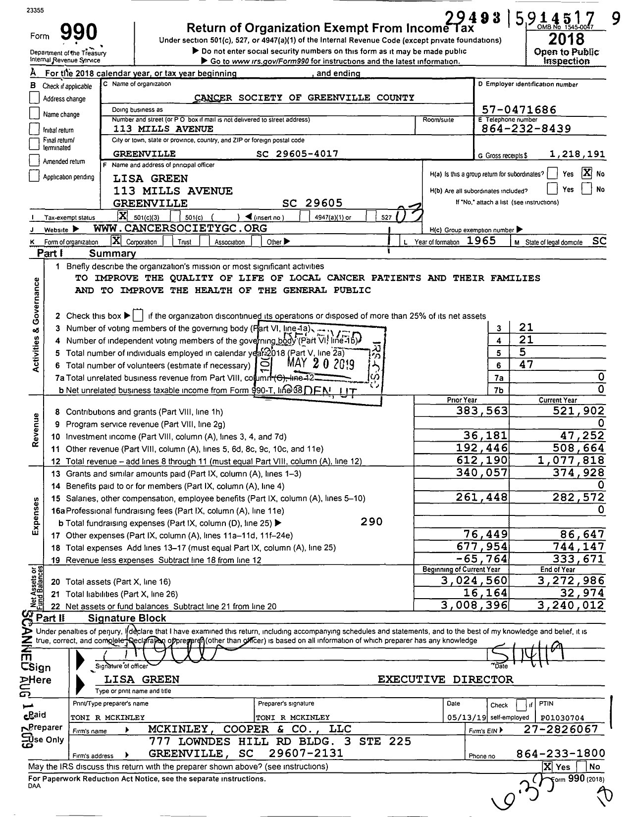 Image of first page of 2018 Form 990 for Cancer Society of Greenville County