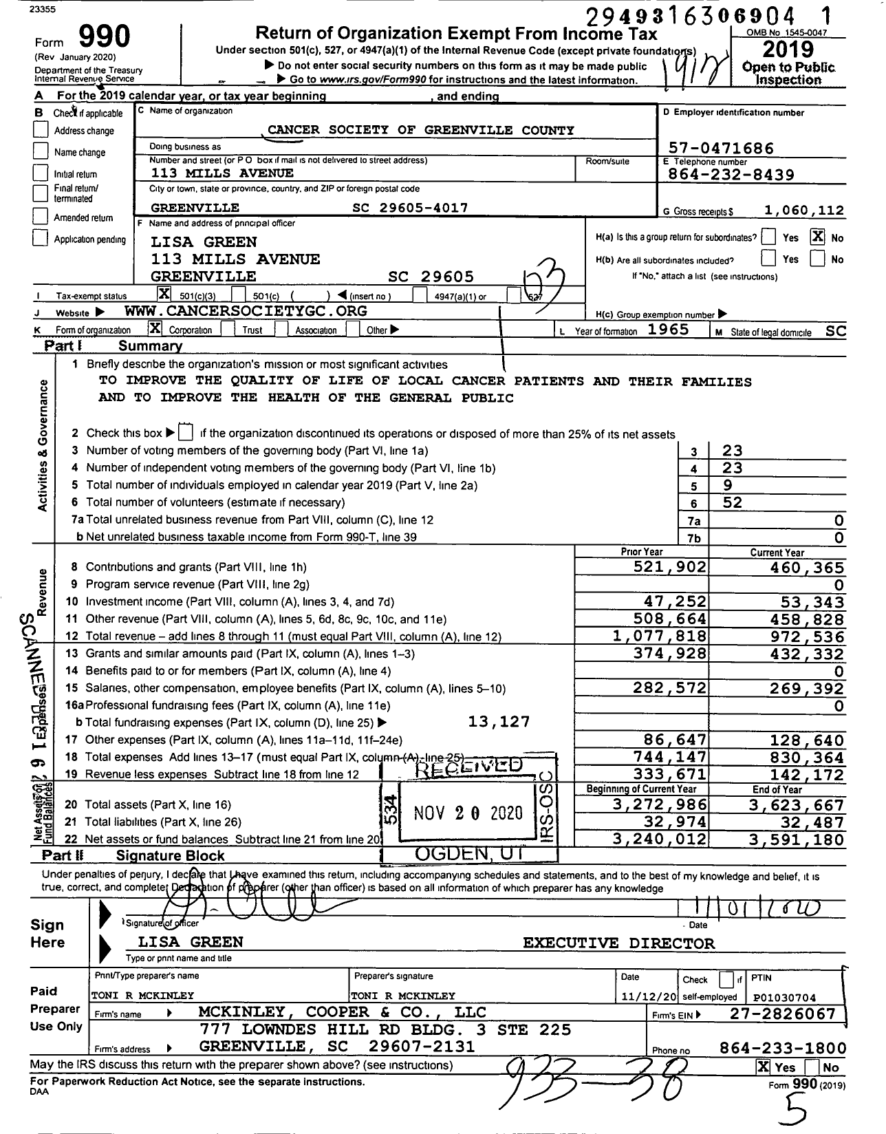 Image of first page of 2019 Form 990 for Cancer Society of Greenville County