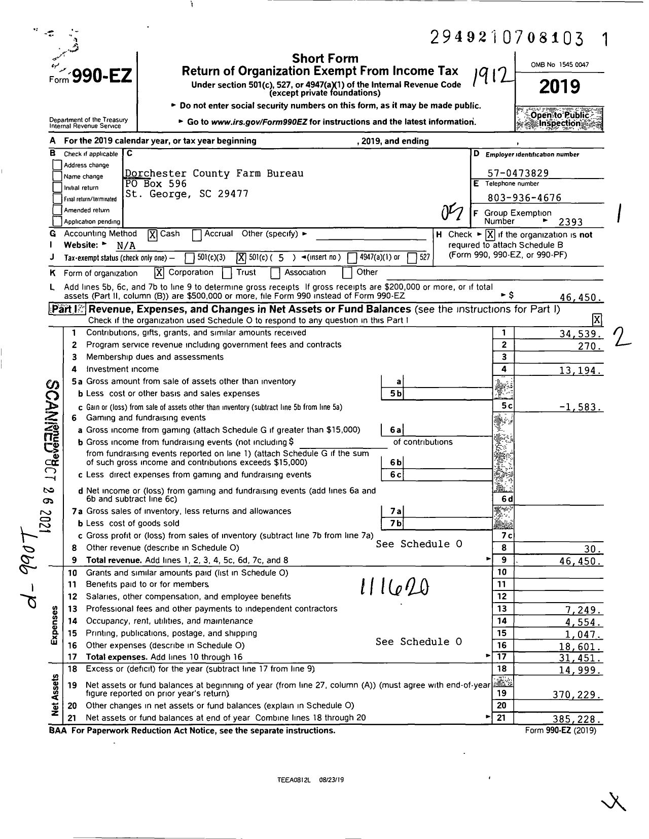 Image of first page of 2019 Form 990EO for Dorchester County Farm Bureau