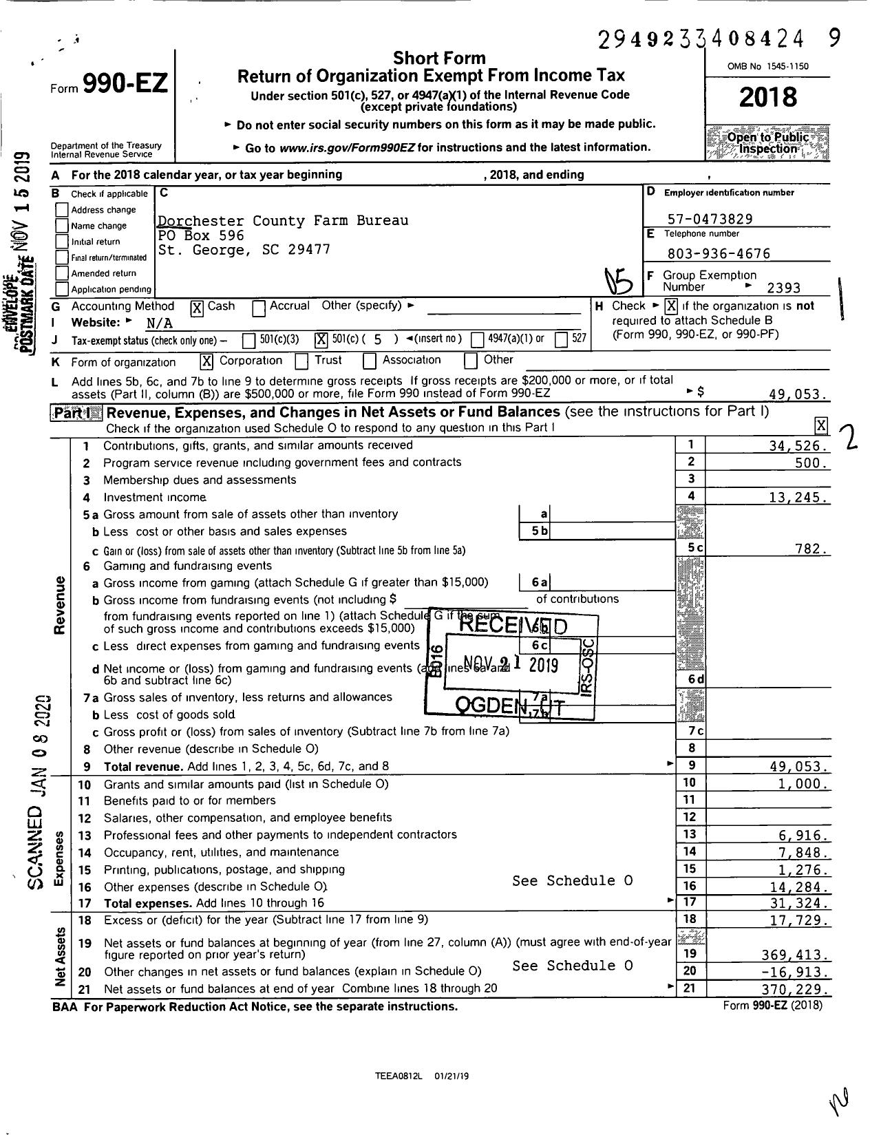 Image of first page of 2018 Form 990EO for Dorchester County Farm Bureau