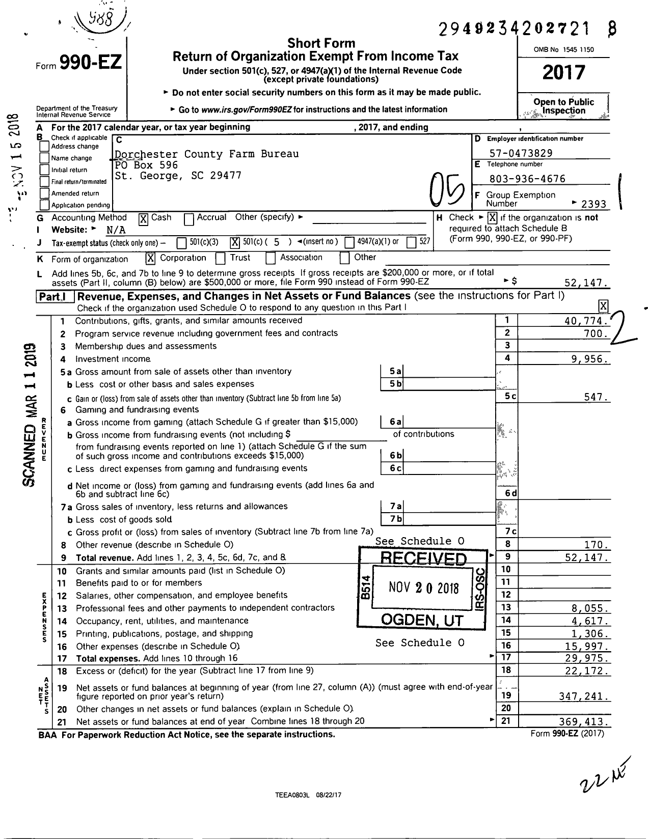 Image of first page of 2017 Form 990EO for Dorchester County Farm Bureau