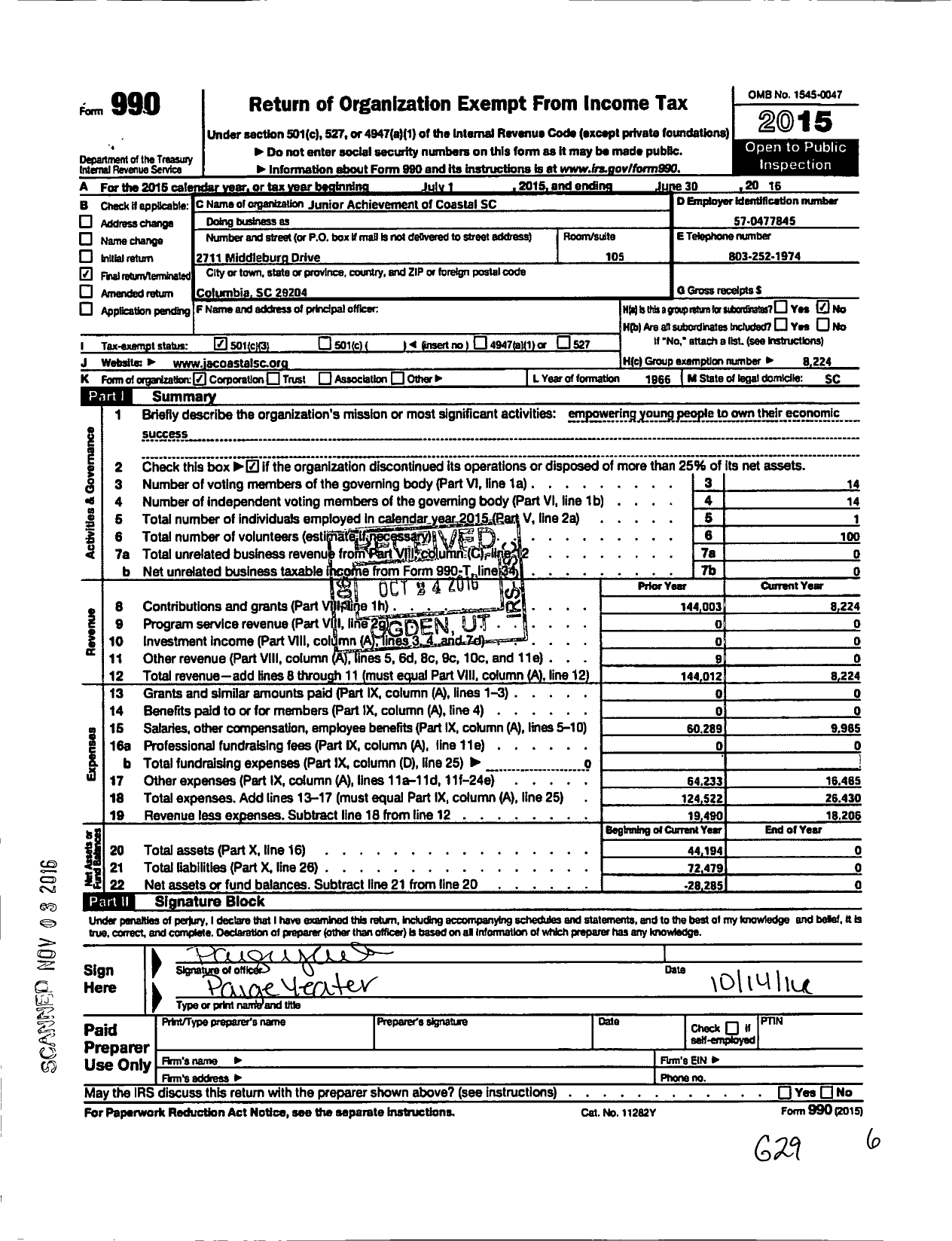 Image of first page of 2015 Form 990 for Junior Achievement of Coastal South Carolina