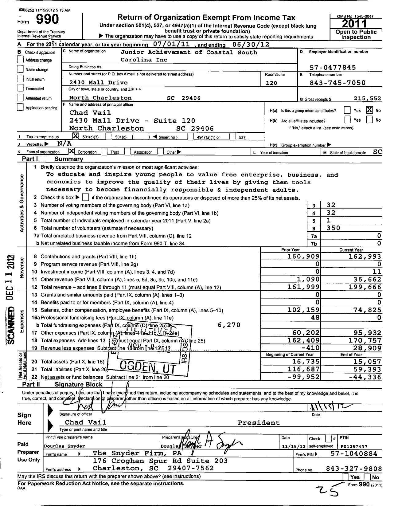 Image of first page of 2011 Form 990 for Junior Achievement of Coastal South Carolina