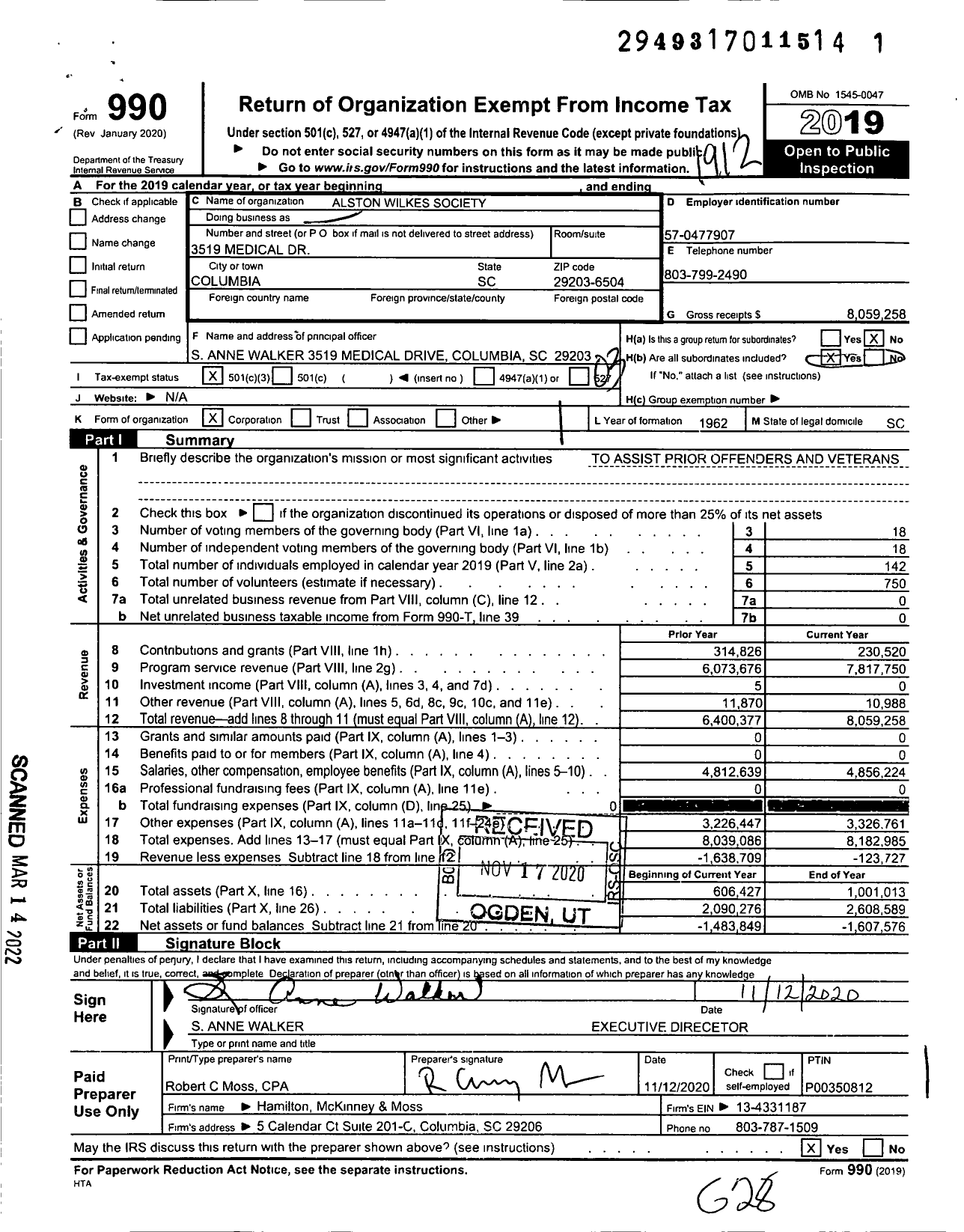 Image of first page of 2019 Form 990 for Alston Wilkes Society