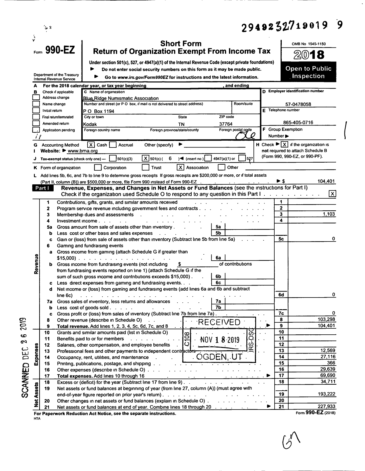 Image of first page of 2018 Form 990EO for Blue Ridge Numismatic Association