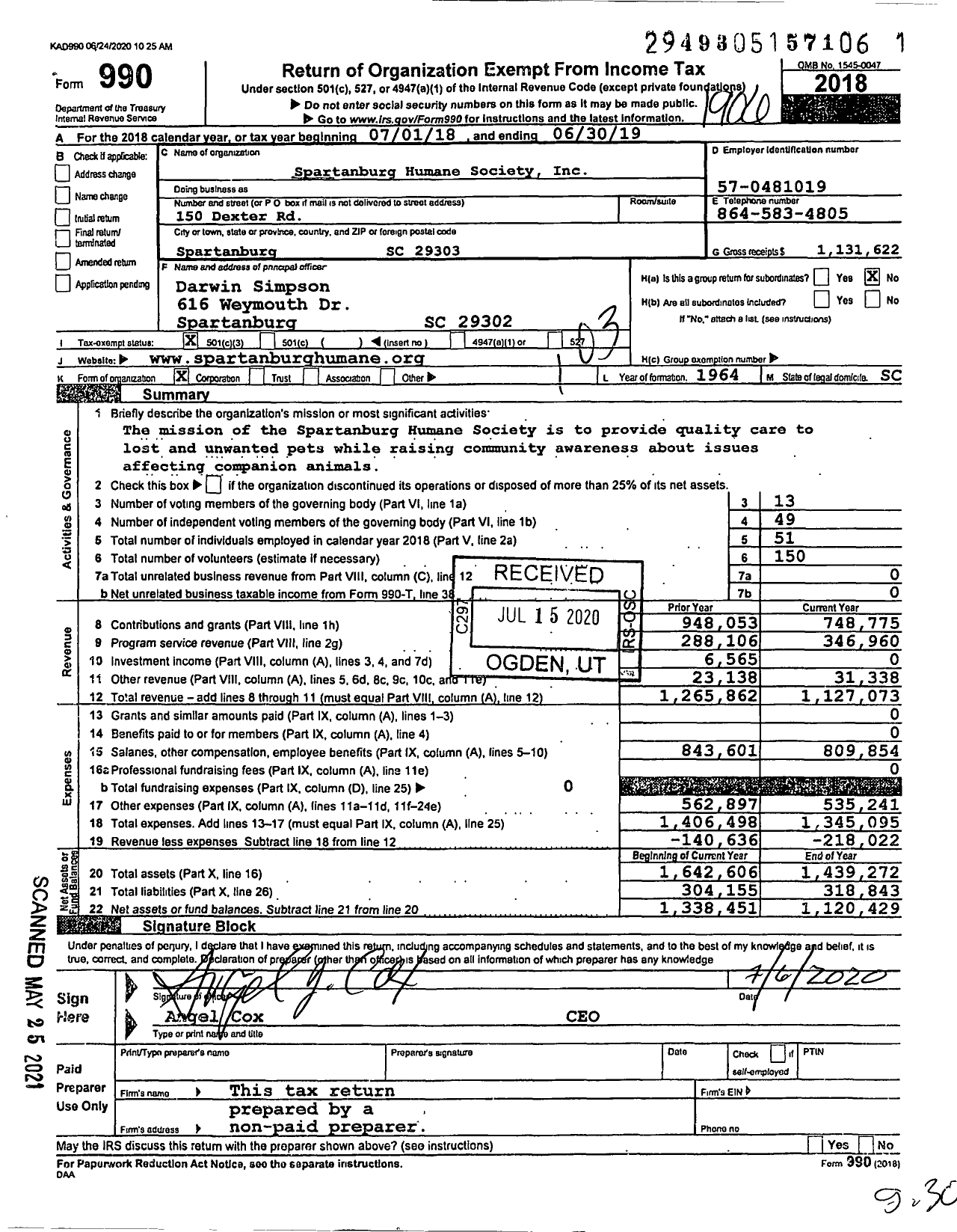 Image of first page of 2018 Form 990 for Spartanburg Humane Society