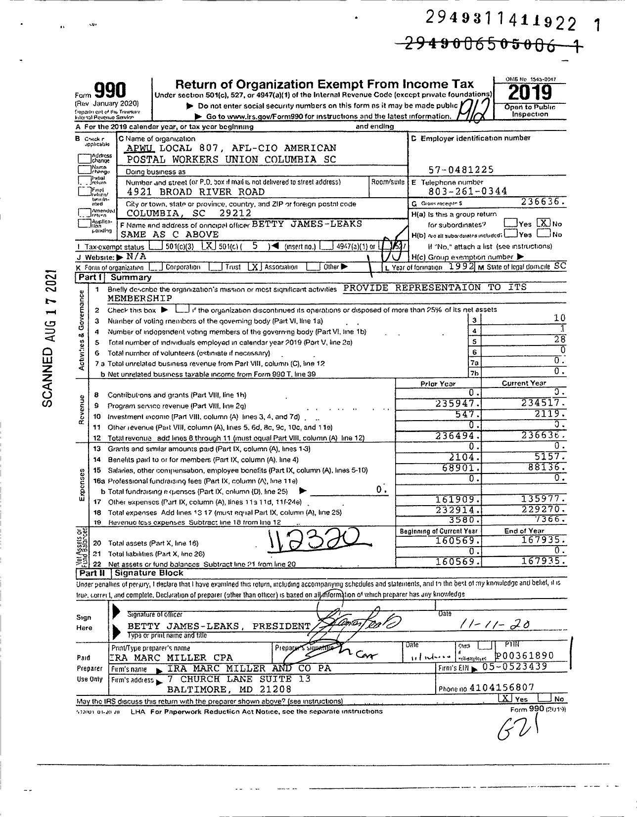 Image of first page of 2019 Form 990O for American Postal Workers Union - Columbia SC Area Local 807